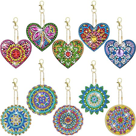 Diamantmaleri Nøglering, 10 stk Dobbeltsidet Mandala & Kærlighedshjerte