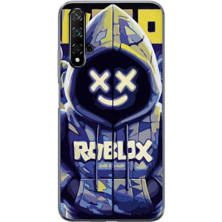 Kompatibelt Mobildeksel til Huawei Huawei nova 5T Blågul Roblox hettegenserfigur med minimalistisk neonstil og masket ansikt, moderne spillillustrasj