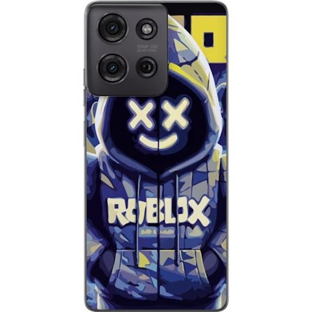 Kompatibelt Mobildeksel til Motorola Motorola Moto G75 Blågul Roblox hettegenserfigur med minimalistisk neonstil og masket ansikt, moderne spillillus