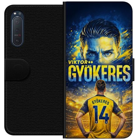 Kompatibelt Lommeboketui til Sony Sony Xperia 5 II Viktor Gyökeres fotballplakat i gult og blått med dramatisk stadionbakgrunn, sportillustrasjon fo