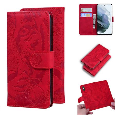 For Samsung Galaxy S21 FE Tiger Preget Mønster Horisontal Flip Lærveske med Holder & Kortspor & Lommebok