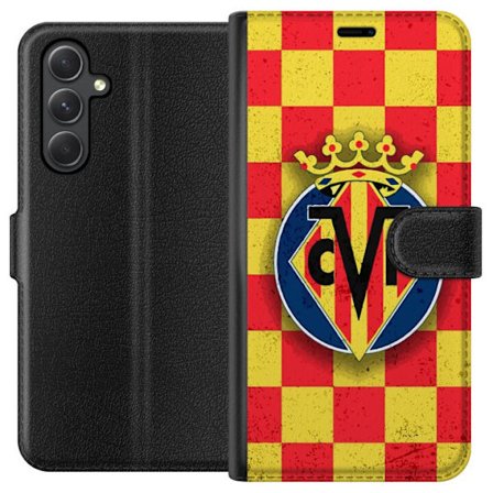 Kompatibel Tegnebogsetui til Samsung Galaxy A35 Villarreal CF emblem mod rød og gul ternet baggrund