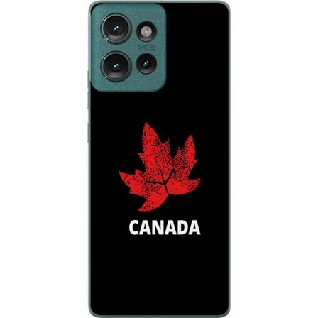 Kompatibelt Mobildeksel til Motorola Motorola Edge 50 Grafisk lønnebladsymbol i rødt mot svart bakgrunn med tydelig kanadisk referanse og minimalist