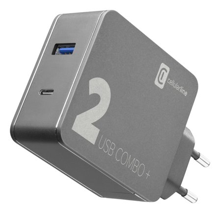 Cellularline Vegglader 48W PD USB-C + USB utgang, m/kabel Svart