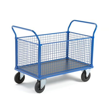Platform trolley TRANSFER, 4 mesh sides, 1200x800 mm, elastic rubber, with brakes