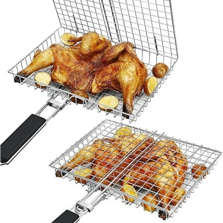 Collapsible Stainless Steel Grill Basket with Detachable Handle – Perfect for Camping and Garden