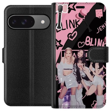 Google Pixel 9 Tegnebogsetui Blackpink Blink design med Lisa Jennie Jisoo og Rose, lyserød og sort baggrund, fanmerchandise og lightstick, perfekt K-