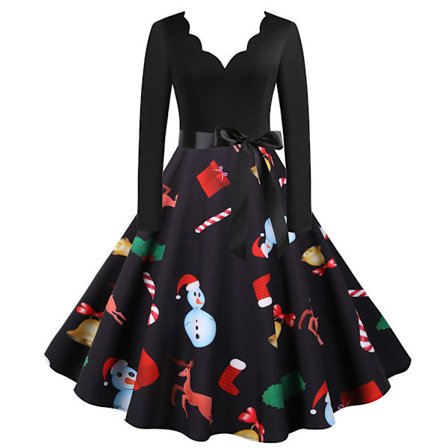 Julekjole til kvinder, afslappet print, V-hals, lange ærmer, snemandspanel, swingkjole, festkjole