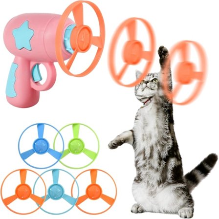 Interaktivt Flyvende Frisbee Legetøj med Slynge og 5 Tilfældigt Farvede Frisbees til Katte og Hunde (Pink)