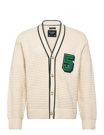 Waffle Cropped Cardigan Cream Abercrombie & Fitch