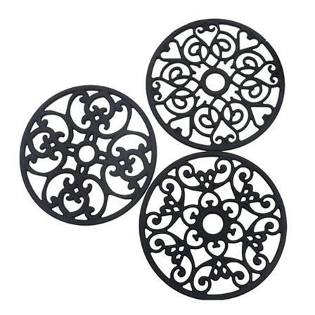 3 stk Silikon Gryteunderlag, Svarte Silikonisolerte Underlag, Isolert Sklisikker Varmeplate Utskåret Vanntett Koppisoleringsmatte