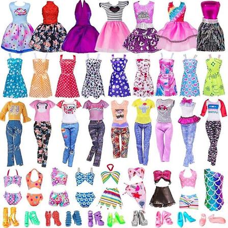 32 deler Dukkeklær og Tilbehørsett for Barbie Dukke, Mote Mini Kjole Topper Bukser Sett Sko Gaver