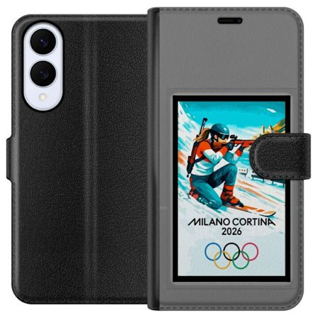 Kompatibelt Lommeboketui til Samsung Galaxy S25 Edge Retroplakat Cortina Milano 2026 med fjell, vintersportsutøvere, italienske trikolor, Milano-kated