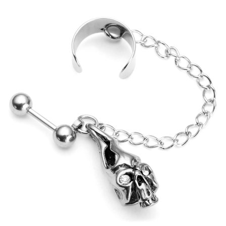 Náušnice Hořící lebka s manžetou a řetízkem pro muže - Visací náušnice