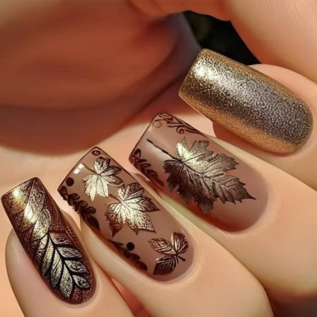 Medium Fyrkantiga Press-On Naglar Guldglitter och Lövmönster Självhäftande Naglar