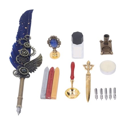 Fjäderpenna Set Retro Utsökt Eldvax Fjäderpenna Spets Brevöppnare Ljusbas Stämpel Quill Penna Kit Marinblå