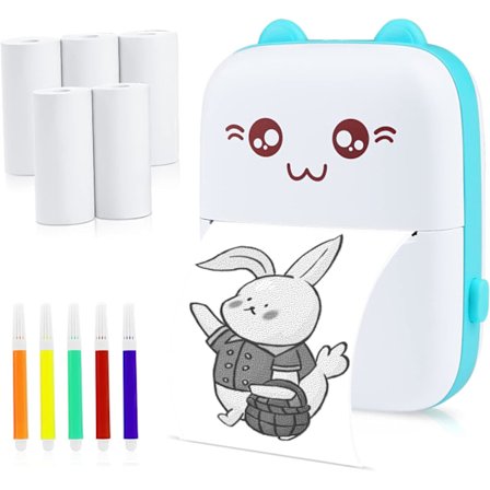 Mini termisk skrivare, Bluetooth-etikettskrivare, bärbar etikettskrivare, kompatibel med Android och iOS (med 5 rullar papper + 5 färgade pennor)