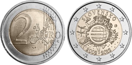 Slovakiet 2012 - 10 år for eurosedler og mønter - 2 euro mønt