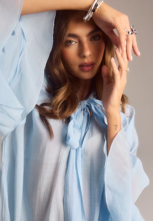 BUBBLEROOM-Wide Sleeve Bow Blouse-XS