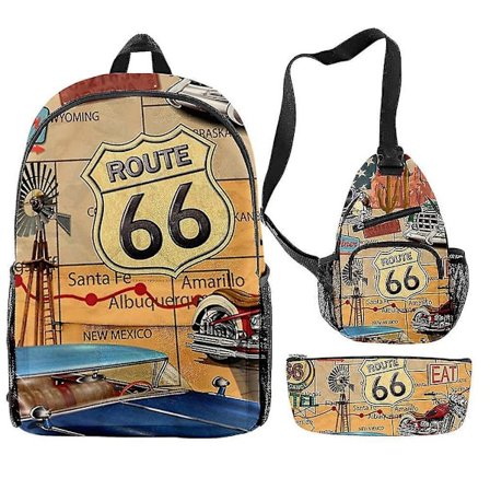 3 stk./sæt Route 66 Skoletaske 3d Skolerygsæk med Penalhus og Messenger Taske
