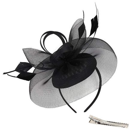 Damehat i sort med fjer og sort mesh, med hårbøjle og clips, velegnet til vintage bryllupper, cocktailparties