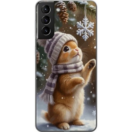 Kompatibelt Mobildeksel til Samsung Samsung Galaxy S21+ 5G Vinterkanin med lue og skjerf som beundrer en snøflak, et varmt og sjarmtfullt vintermotiv