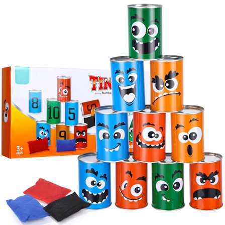 Tumbler, 10 burkar och 3 säckkastningsspel, utomhusspel för barn, födelsedagsspel för barn, tivolispel för barn