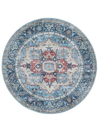 Georgia Oriental Lavable Ø 120 Petit Bleu/Multicolore Rond Tapis Coton