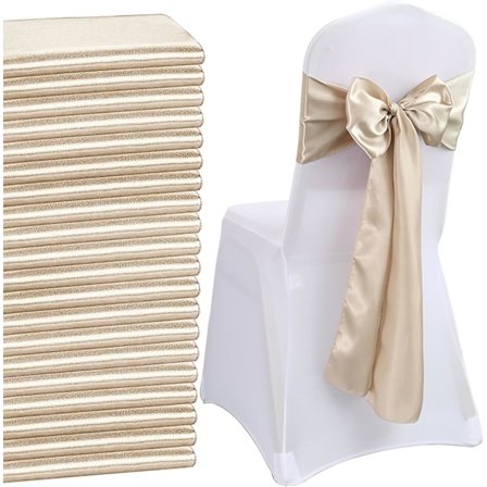 50 Champagne Gull Satin Stolsløyfer med Sløyfe for Bryllup, Bankettdekor