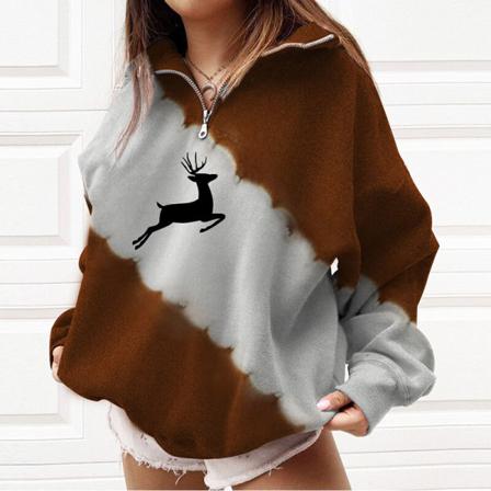 Kvinnor Print T-shirt Dragkedja Color Block Christmas Sweatshirt