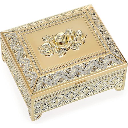 Metall Smyckeskrin Ros Graverad Prydnadsförvaring Örhängen Ringar Prydnadsförvaringslåda