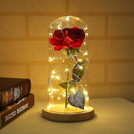 Rose Vase Beauty Table Lamp Red Rose With Led Light Glass Dome Valentine's Day Gift