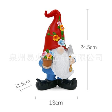 Sjov alfstatue til udendørs haveudsmykning, rød hat skovl lampe