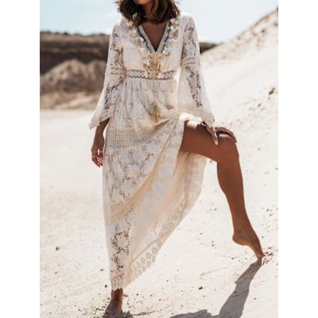 Sommar Boho Långa Klänningar Kvinnor Spets V-hals Spaghetti Rem Klänning Dam Off Shoulder Strandklänning Vit Klänning Vestidos De Mujer