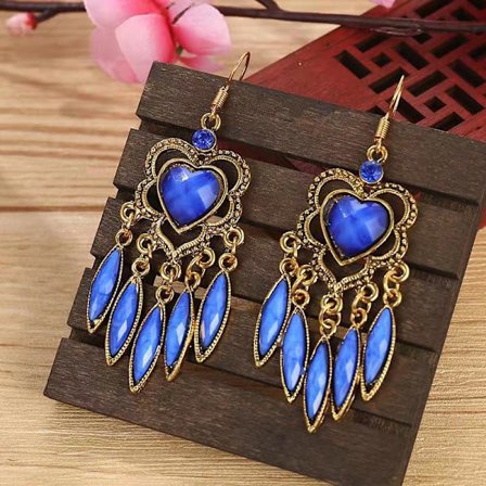 Wish Amazon Sources Peach Heart Mönster Flerlager Akryl Vattendroppe Metall Legering Örhängen Rose Etnisk stil Retro