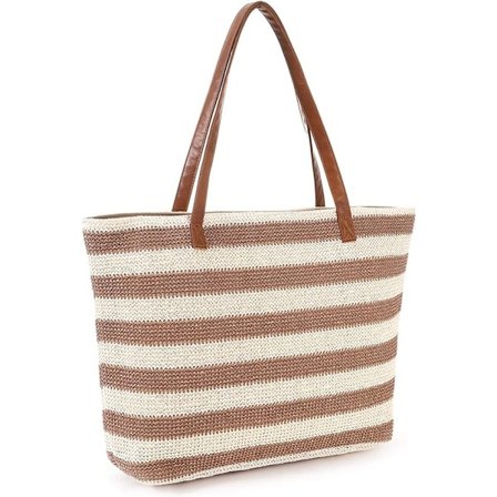 Stor stråveske sommer strand tote bag myk tote bag med glidelås strand håndveske med stripe bohemsk vevd skulderbag, beige