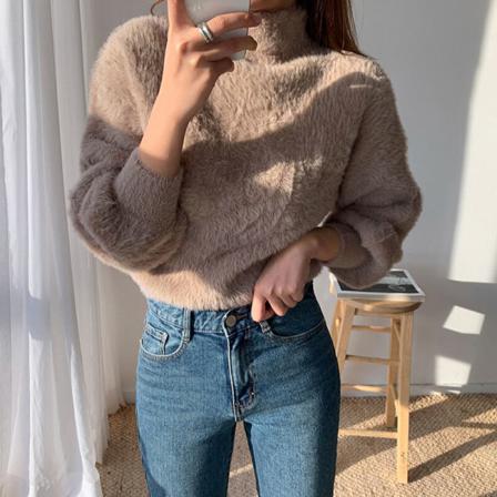 Dam Fuzzy Fleece Tröja Med Hög Hals Långärmad Vanlig Tröja