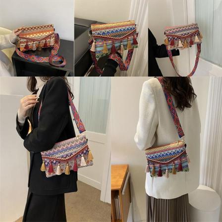 Retro Folk Style Naisten Laukku Muoti Tupsu Crossbody Olkalaukku red