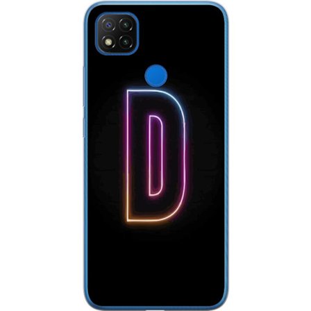 Kompatibel Mobilcover til Xiaomi Xiaomi Redmi 9C Minimalistisk neonbogstav D i farveskiftende lys mod sort baggrund i moderne digital design