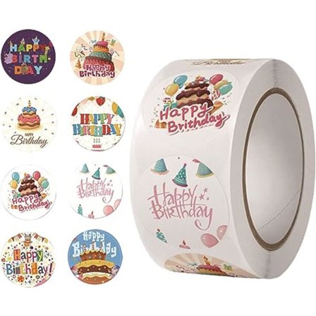Grattis på födelsedagen klistermärken förseglingar 1 tum 500 st i 1 rulle för födelsedagsinredning festtillbehör skol kort försegling, 8 mönster 