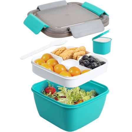 1,5 L Salatskål Lunsjboks, BPA-fri, 3-roms, med Dressingbeholder, Innebygd Gjenbrukbar Skje (Mørkegrønn)