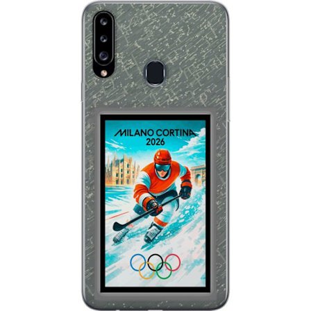 Yhteensopiva Puhelinkuori Samsung Galaxy A20s Curlingkuvitus pelaajilla ja kivillä jäällä, Milano Cortina 2026, lumisia roiskeita ja olympiasormukset
