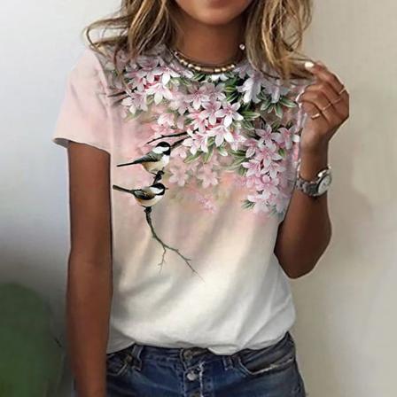 Print T-shirt För Kvinnor Med Blommönster