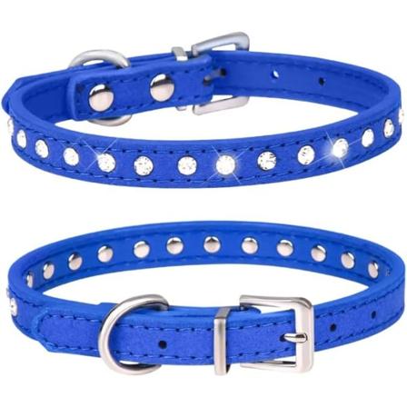 Snygg och glittrande mockaläderhalsband med 1 rad strass för små husdjur, katt, hund, valp, storlek M, mörkblå