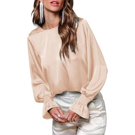 HAUFR Damebluser Pæne Afslappede Rundhals Flæse Boble Langærmede Skjorter Ensfarvede Satinbluser Abrikos_yu