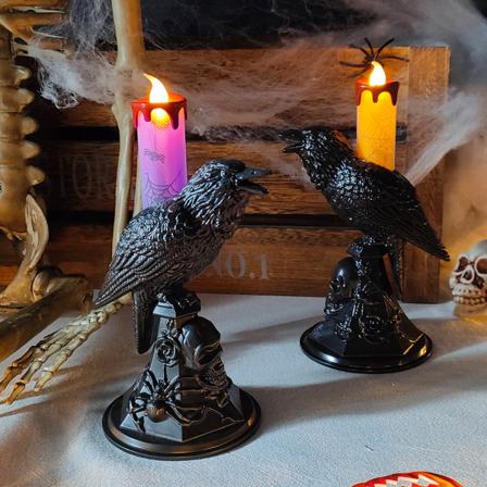 Halloween LED-lys 2-pak Retro gotisk kråke design Halloween-pynt Skalleutskåret base Edderkopptrykk Flammeløse stearinlys Hjemmedekor (Svart)