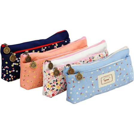 4-delt penalhus med 2 rum, vintage lærred pastoral stil blomstret penalhus lille makeup taske, mørkeblå, lyseblå, hvid &