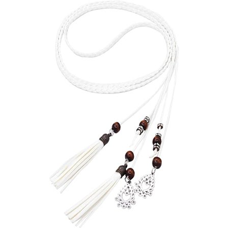 Tunn stickad PU-läderbälte (vit) med fransar och pärlor Retro