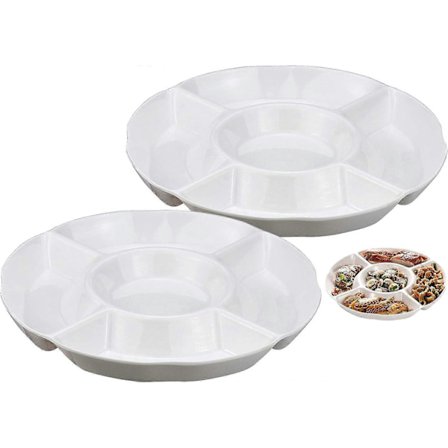 2 stk. Snacktallerken, 5-roms plastsnacktallerken for fruktsnacks eller godteri - 25 x 3 cm, hvit