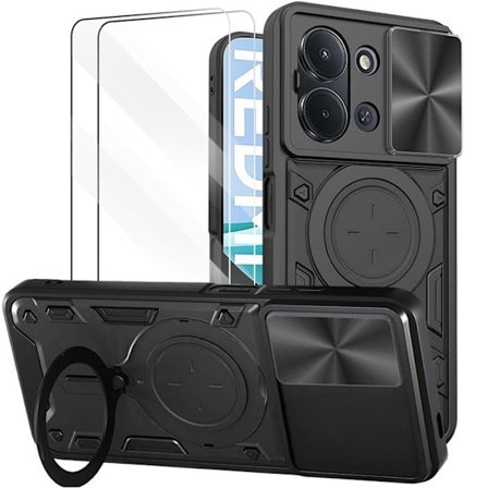 Cover + 2 Dyppede Glas til Xiaomi Redmi 15C 4G/5G, Hård med Ring og Linsebeskyttelse - Sort